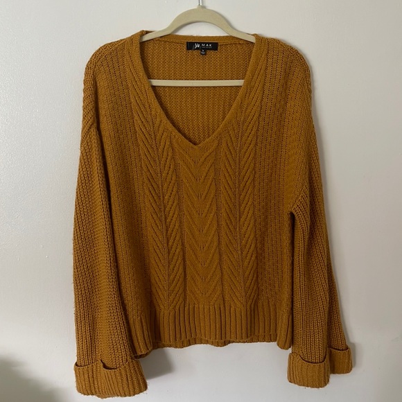 YEMAK | Women’s Mustard V Neck Bell Sleeve Cable Knit Sweater NWOT/NEW Size S - Picture 4 of 8